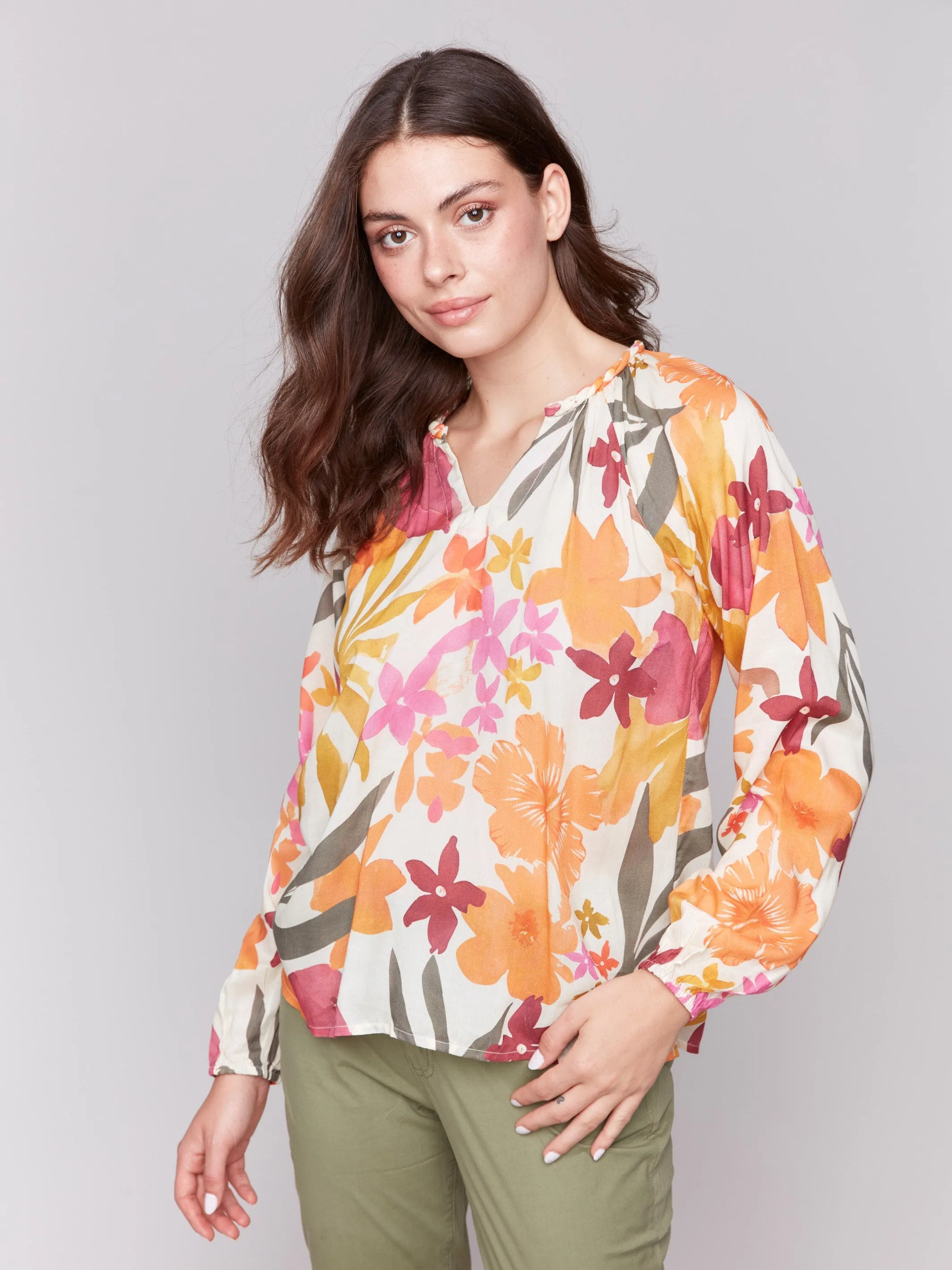Printed Viscose Long Sleeve Popover Blouse - Bouquet