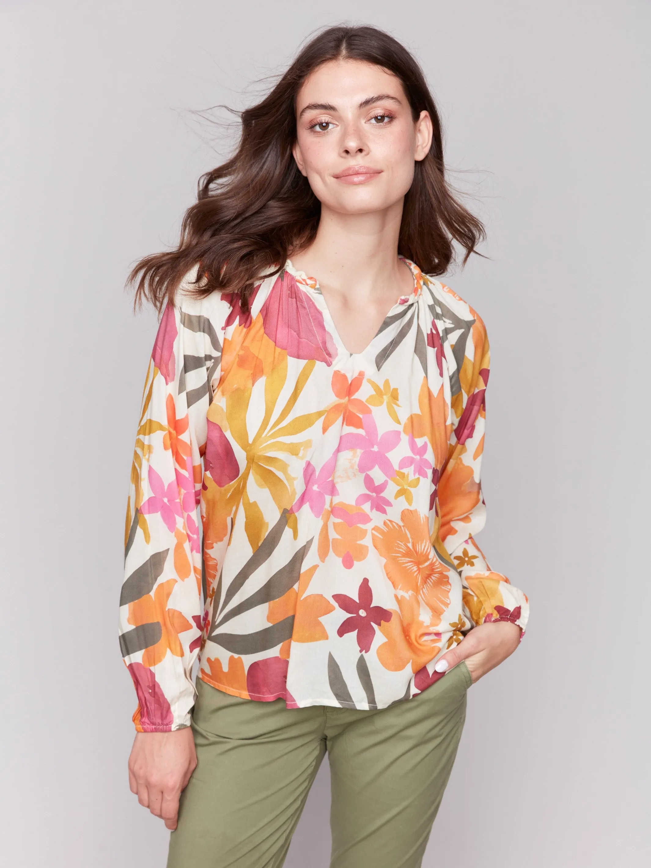 Printed Viscose Long Sleeve Popover Blouse - Bouquet
