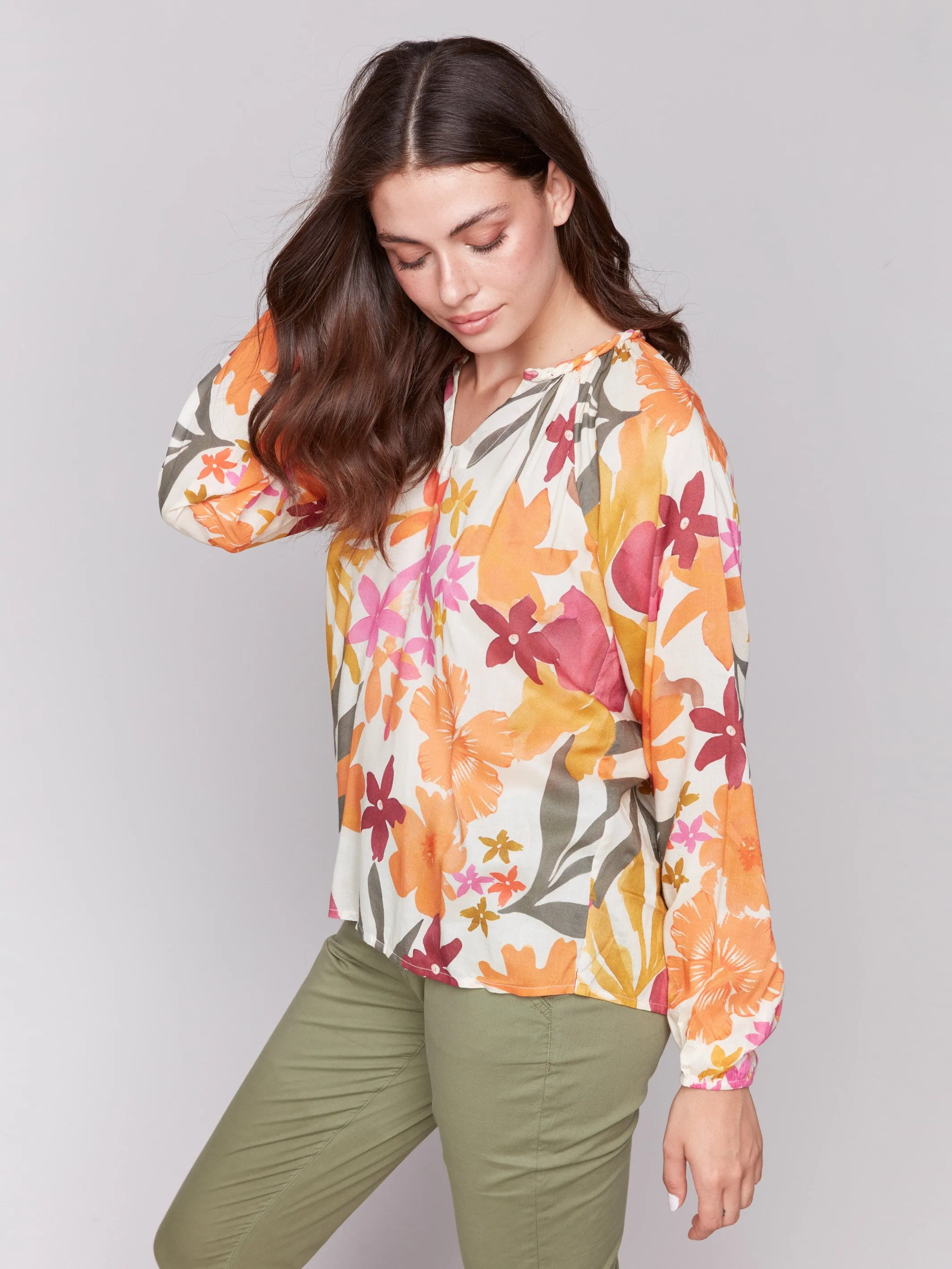Printed Viscose Long Sleeve Popover Blouse - Bouquet