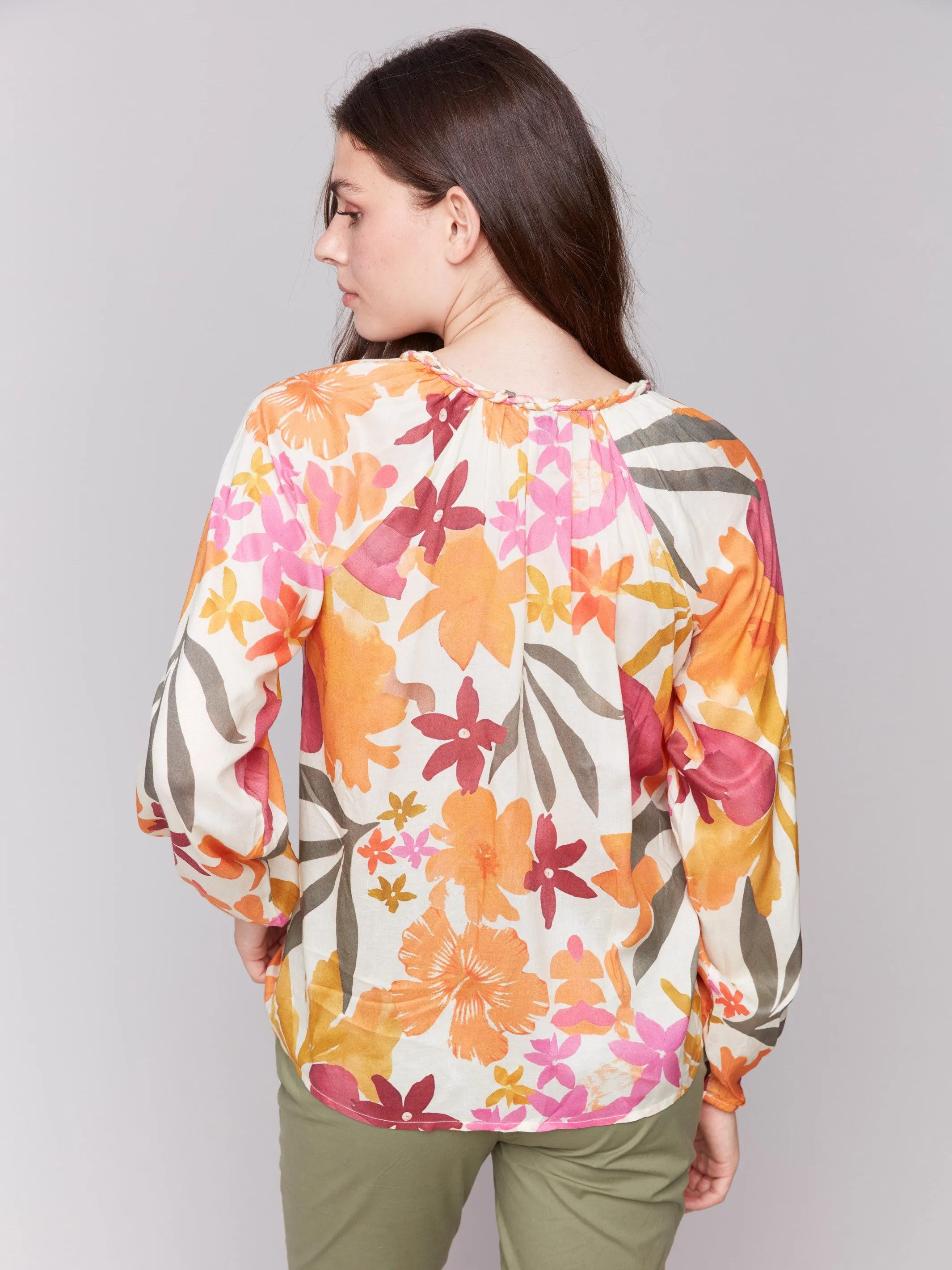 Printed Viscose Long Sleeve Popover Blouse - Bouquet