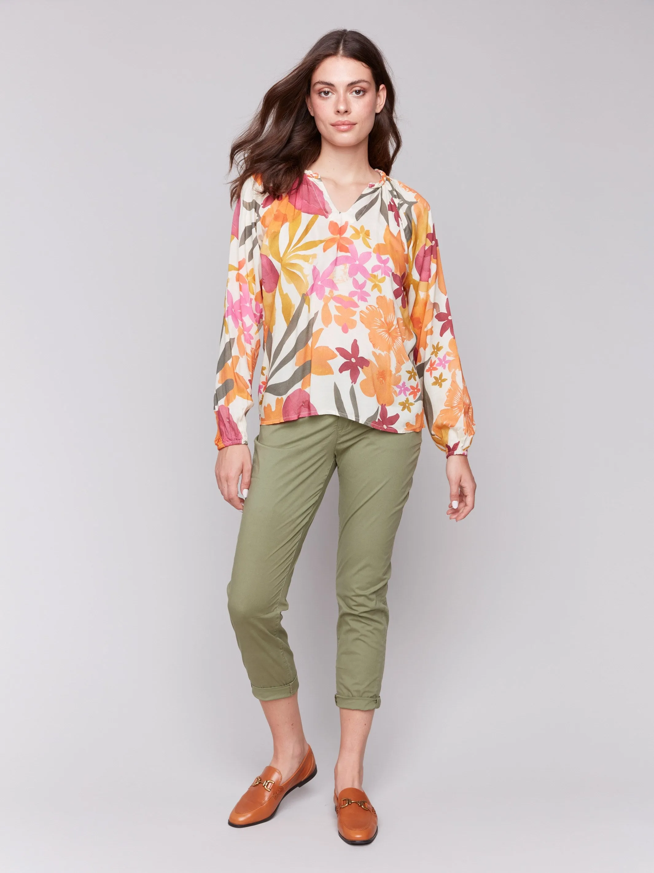 Printed Viscose Long Sleeve Popover Blouse - Bouquet