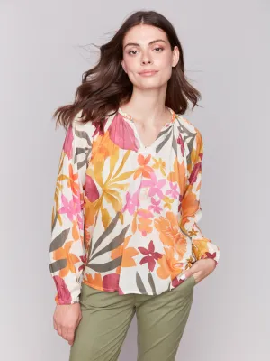 Printed Viscose Long Sleeve Popover Blouse - Bouquet