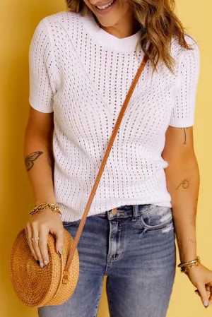 Pure White Openwork Ribbed Blouse