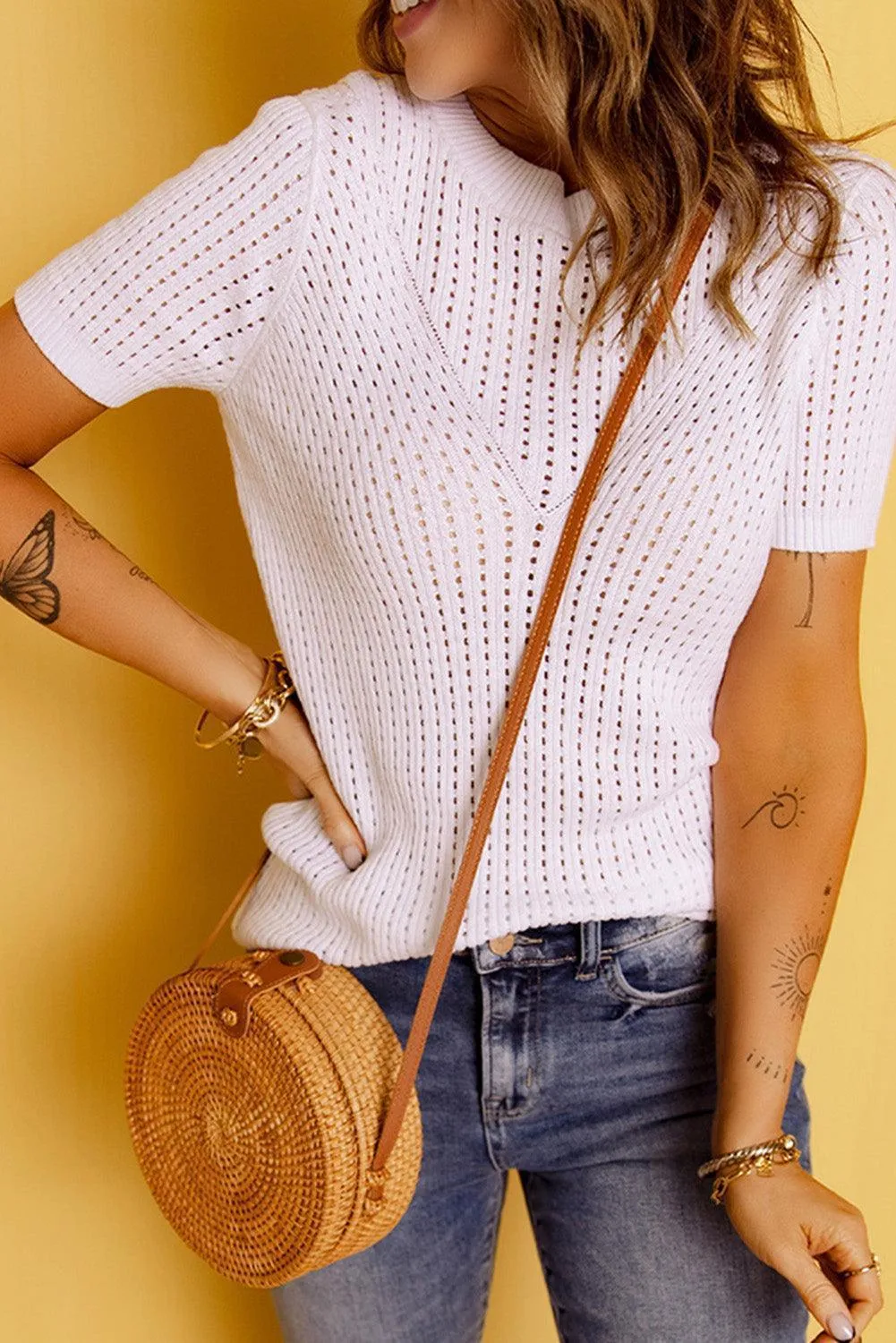 Pure White Openwork Ribbed Blouse