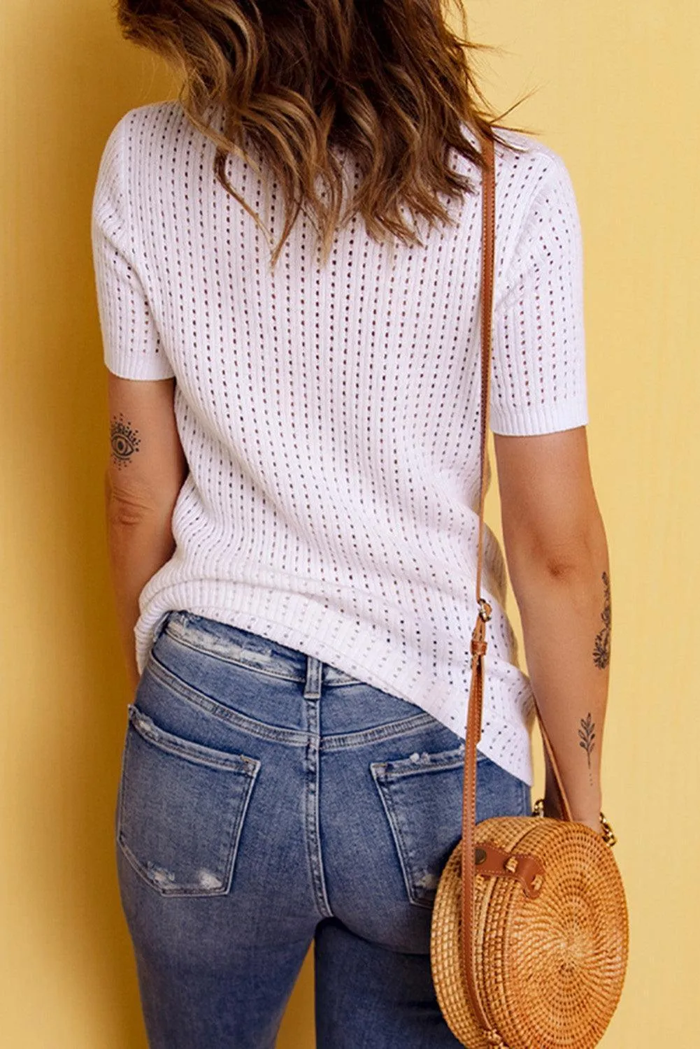 Pure White Openwork Ribbed Blouse