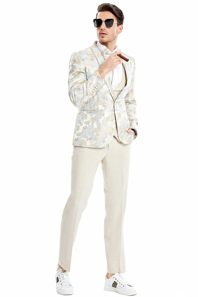 "Men's Floral Print Wedding Tuxedo Suit - One Button Vested, Tan"