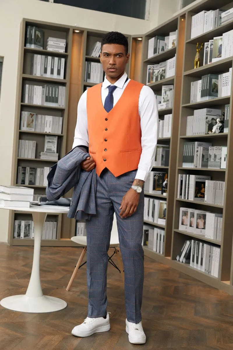 "Mens Stacy Adams Suit -Stacy Adams Men's Navy Blue & Orange Plaid Suit - One Button Vested Peak Lapel"