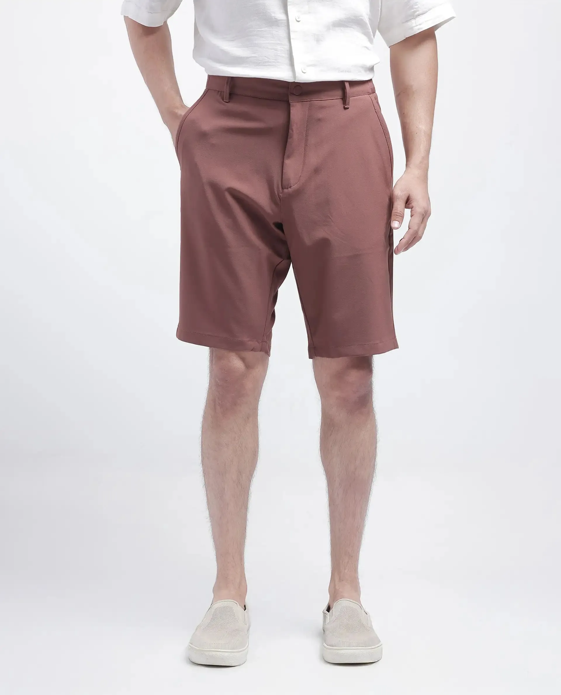 Rare Rabbit Men Drivo Dusky Rust Cotton Elastane Fabric Bi-Stretch Jacquard Waistband Regular Fit Solid Shorts