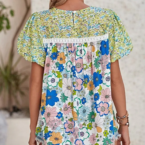 Retro Bubble Sleeve lace panel Green Tunic Top