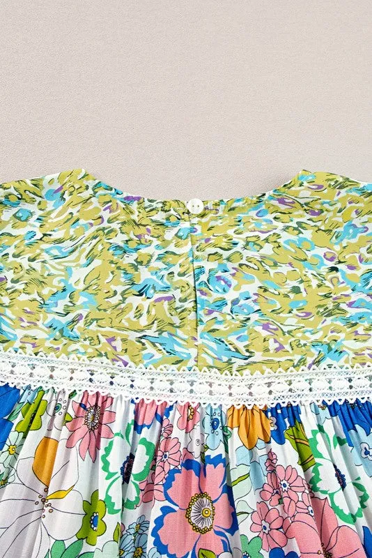 Retro Bubble Sleeve lace panel Green Tunic Top