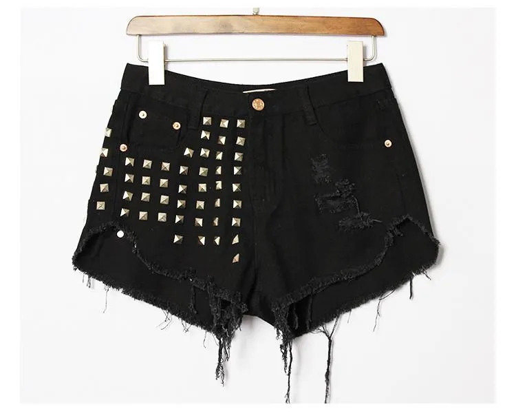 Rivet Tassel Irregular Hole Ripped Rough Edges High Waist Shorts