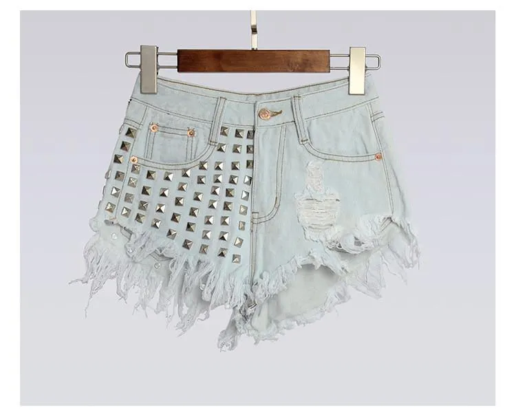Rivet Tassel Irregular Hole Ripped Rough Edges High Waist Shorts