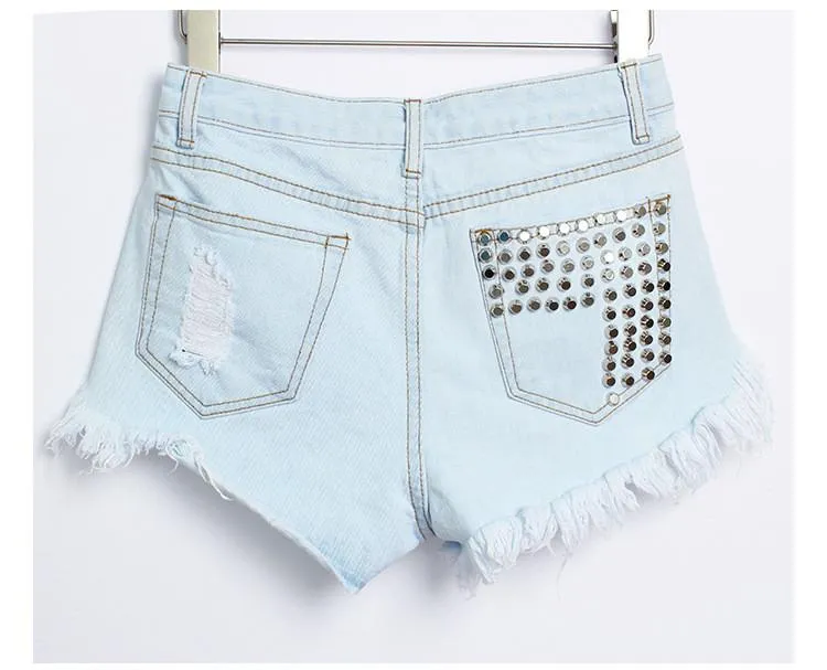 Rivet Tassel Irregular Hole Ripped Rough Edges High Waist Shorts