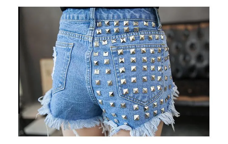 Rivet Tassel Irregular Hole Ripped Rough Edges High Waist Shorts