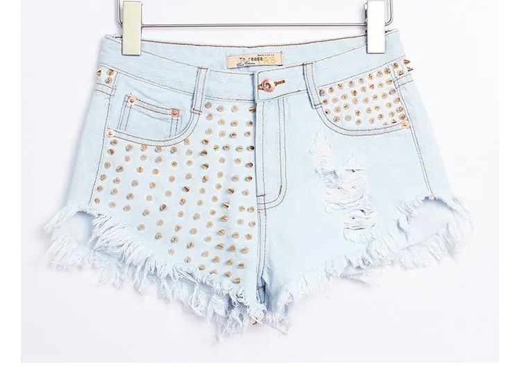 Rivet Tassel Irregular Hole Ripped Rough Edges High Waist Shorts