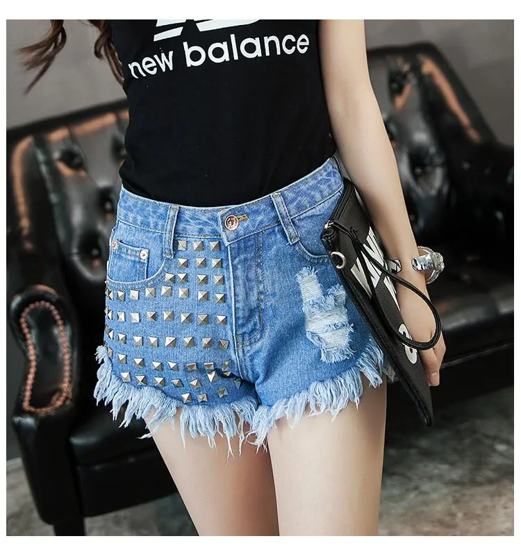 Rivet Tassel Irregular Hole Ripped Rough Edges High Waist Shorts