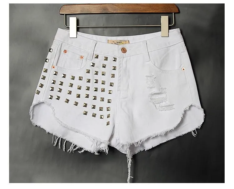 Rivet Tassel Irregular Hole Ripped Rough Edges High Waist Shorts