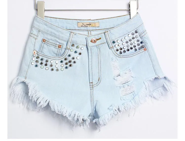 Rivet Tassel Irregular Hole Ripped Rough Edges High Waist Shorts