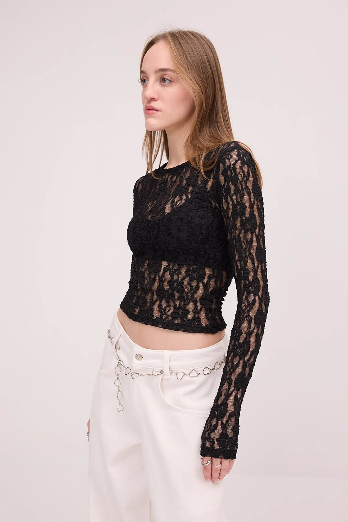 Round Neck Lace Sheer Blouse