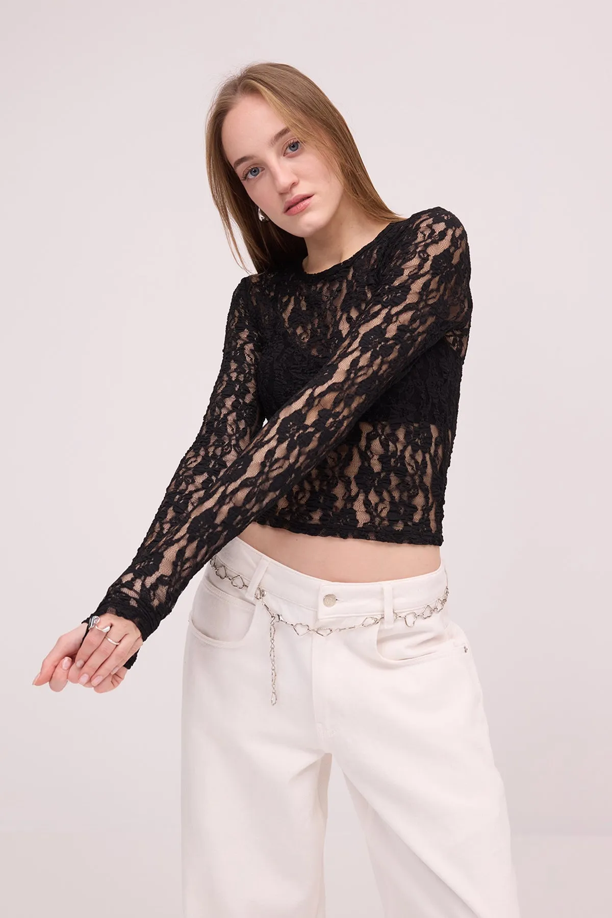 Round Neck Lace Sheer Blouse