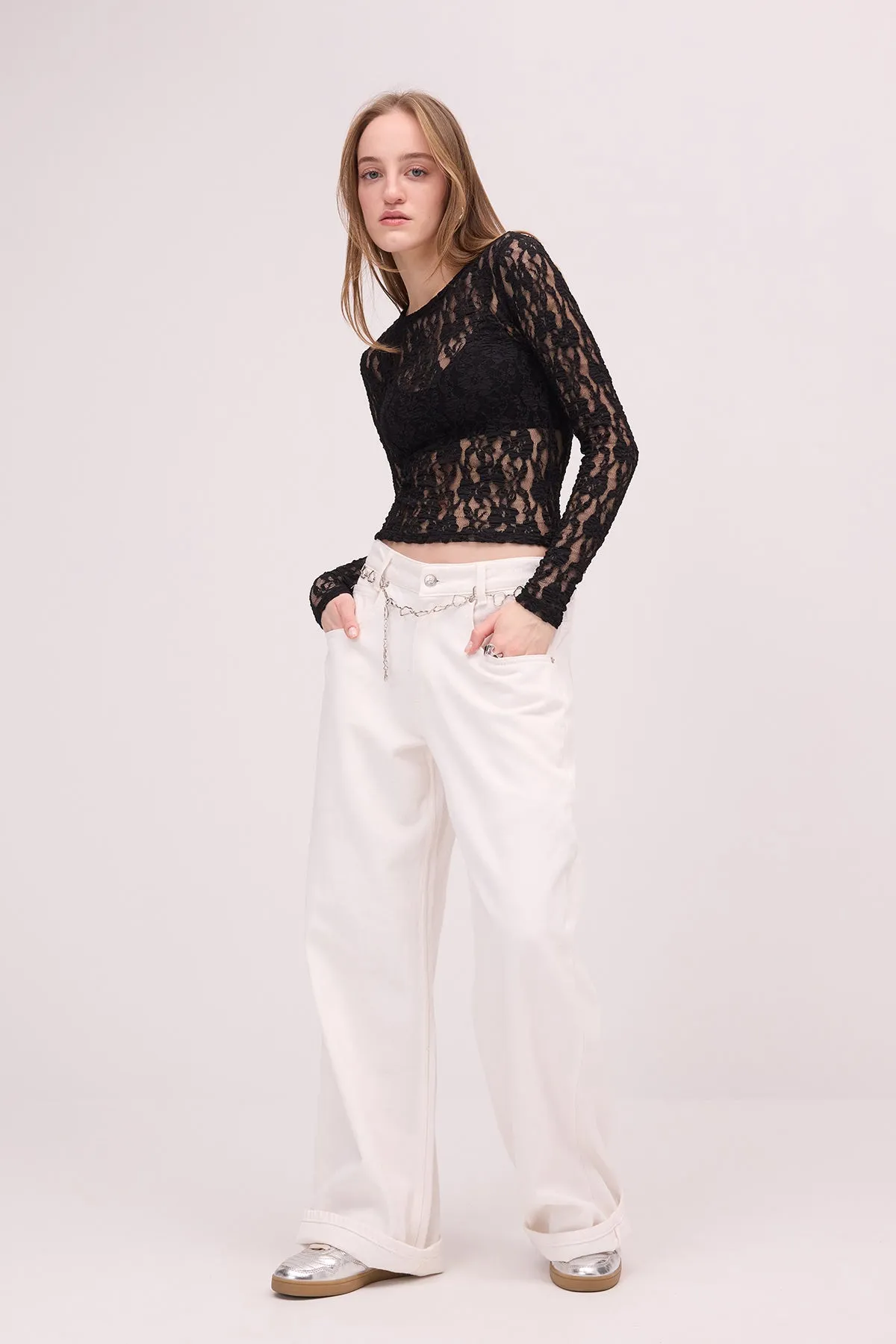 Round Neck Lace Sheer Blouse