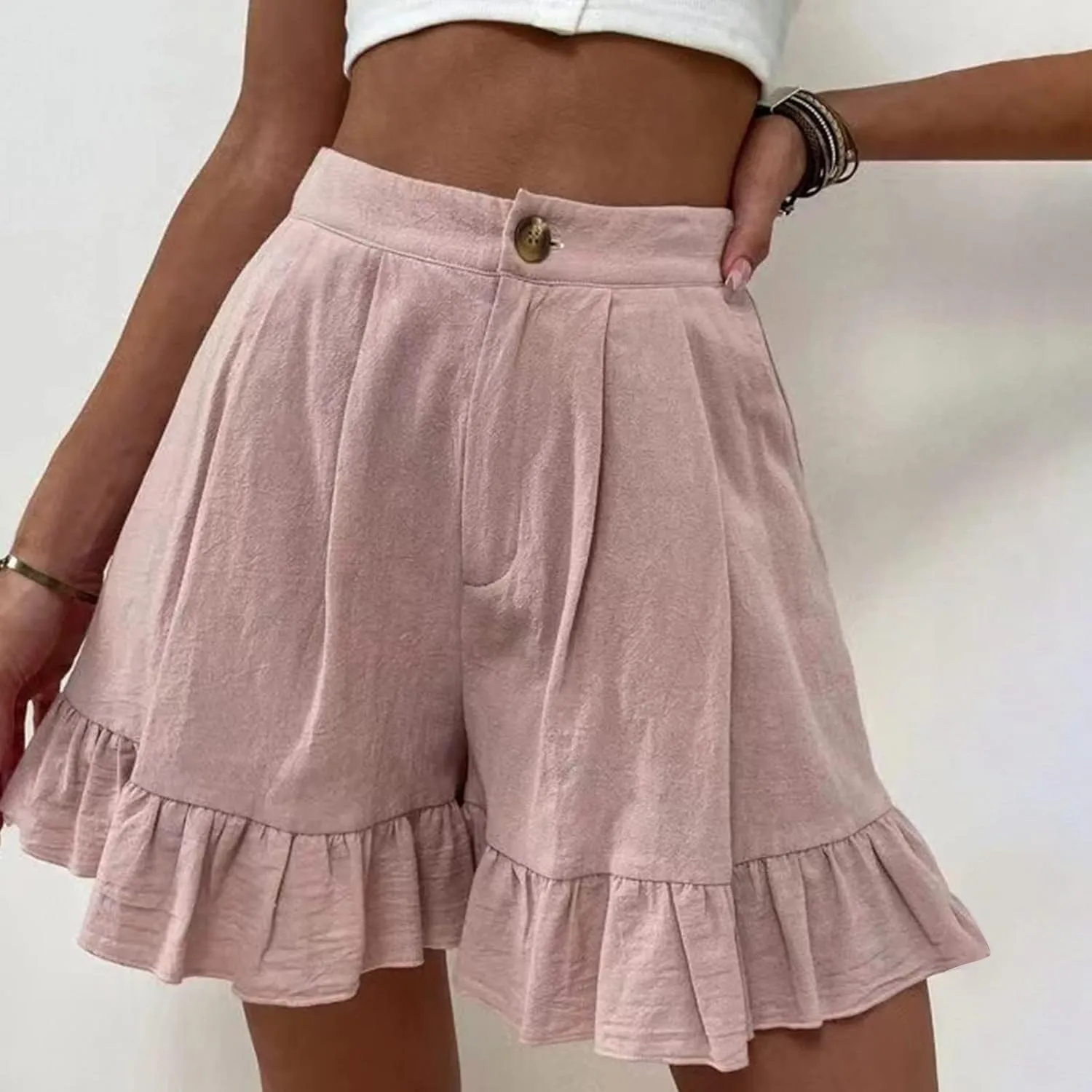 Ruffle Shorts for Women Comfy Casual High Waisted Shorts Wide Leg Summer Beach Lightweight Short Pants with Pockets