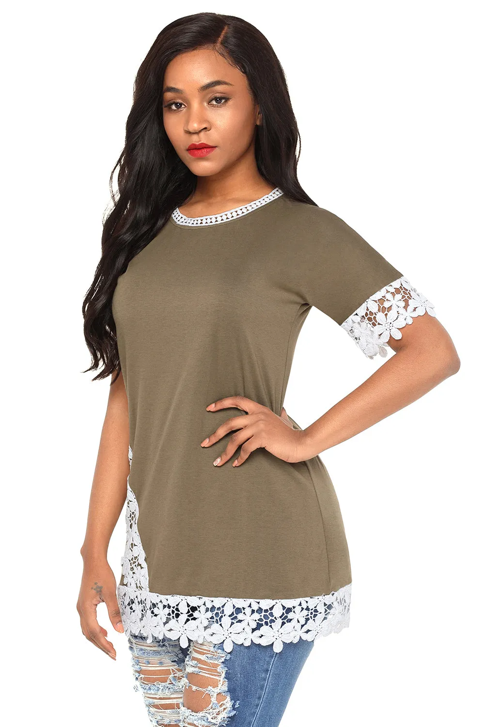 Sexy Delicate Lace Trim Olive Short Sleeve Top