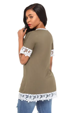 Sexy Delicate Lace Trim Olive Short Sleeve Top