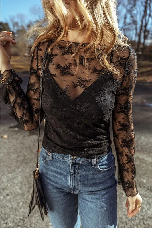 Sheer Crochet Patchwork Slim Fit Long Sleeve Blouse