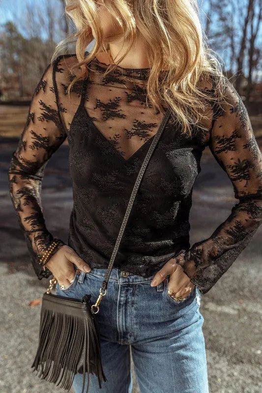 Sheer Crochet Patchwork Slim Fit Long Sleeve Blouse