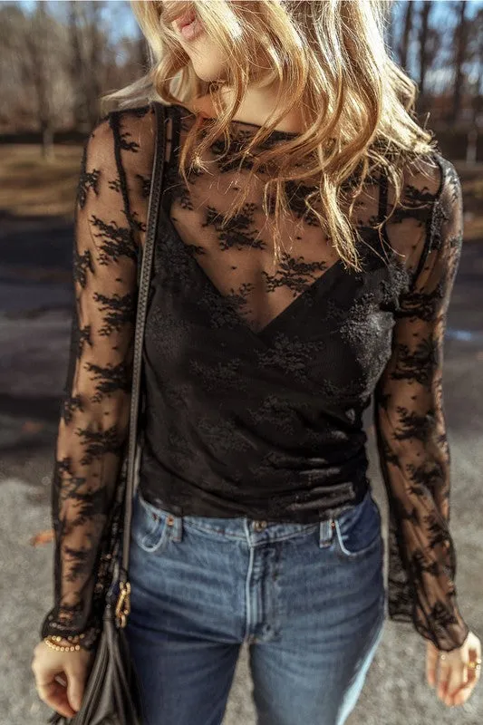 Sheer Crochet Patchwork Slim Fit Long Sleeve Blouse