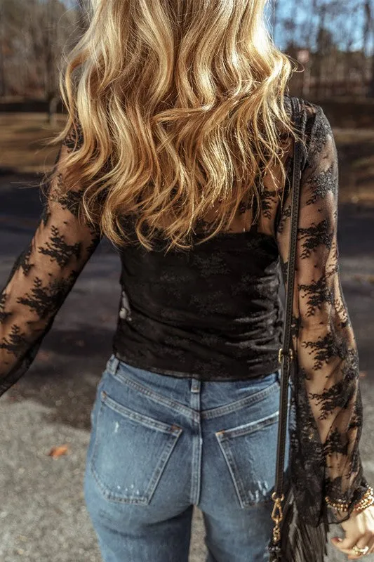 Sheer Crochet Patchwork Slim Fit Long Sleeve Blouse