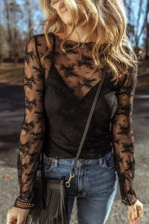 Sheer Crochet Patchwork Slim Fit Long Sleeve Blouse