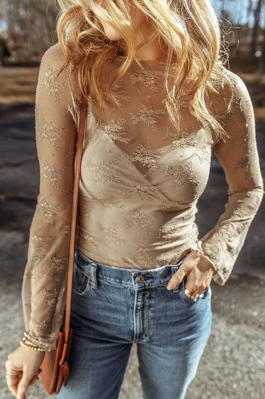Sheer Crochet Patchwork Slim Fit Long Sleeve Blouse