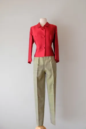 Sleek 1960's Green Thai Silk Cigarette Pants / Sz S