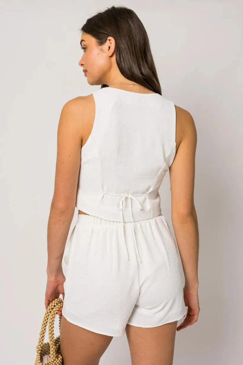 Sleeveless Vest Top Side Slit Linen Shorts Set