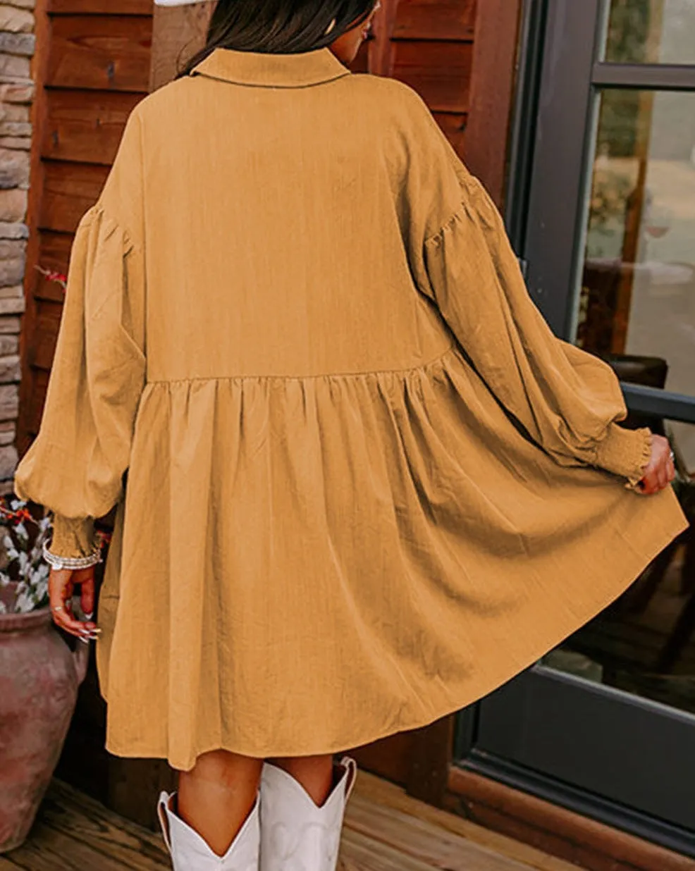 Smocked Bishop Sleeve Shirt Dress