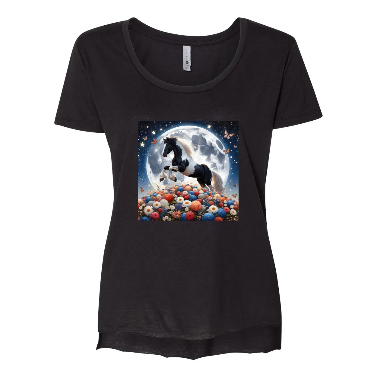 Spring Moon Horse Scoop Neck T Shirts