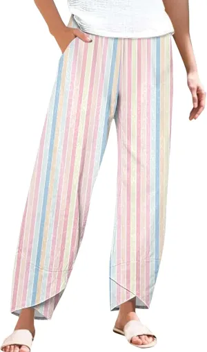Striped Linen Pants for Women Summer Casual Wide Leg Capri Trousers Beach Relaxed Cropped Palazzo Pant with Pockets