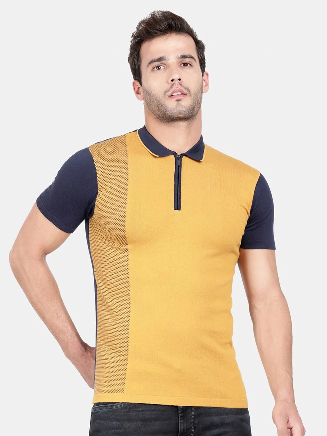 T-Base Men Brown Colourblocked Mandarin Collar T-Shirt