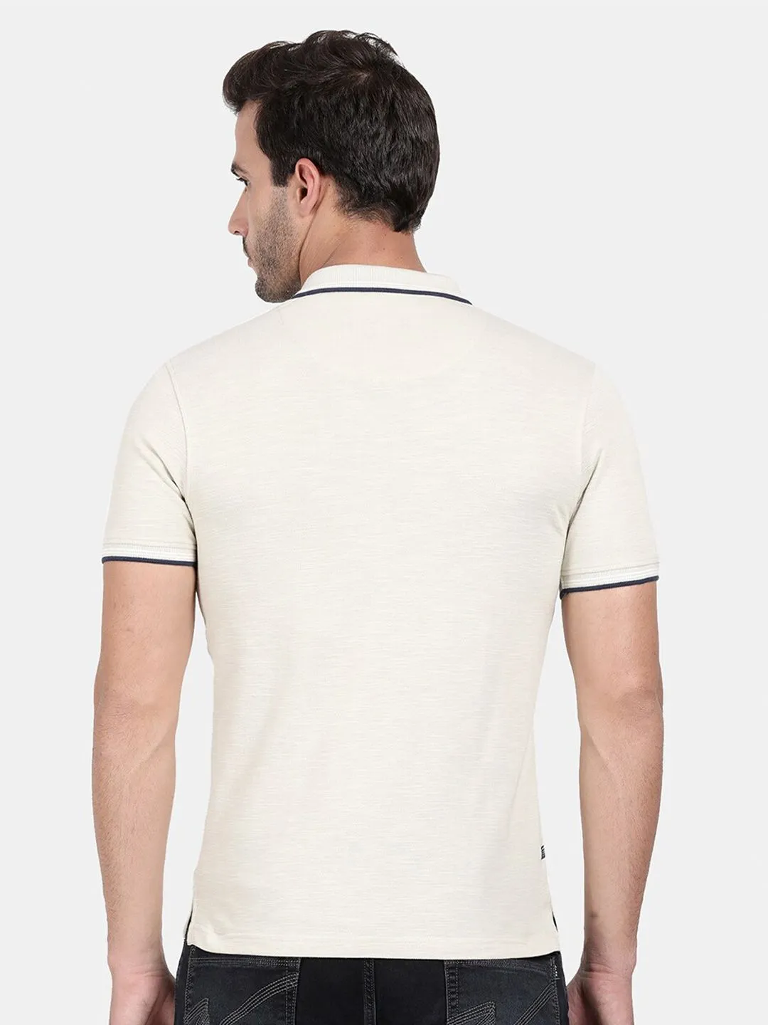 T-Base Men Cream-Coloured Polo Collar Cotton T-Shirt