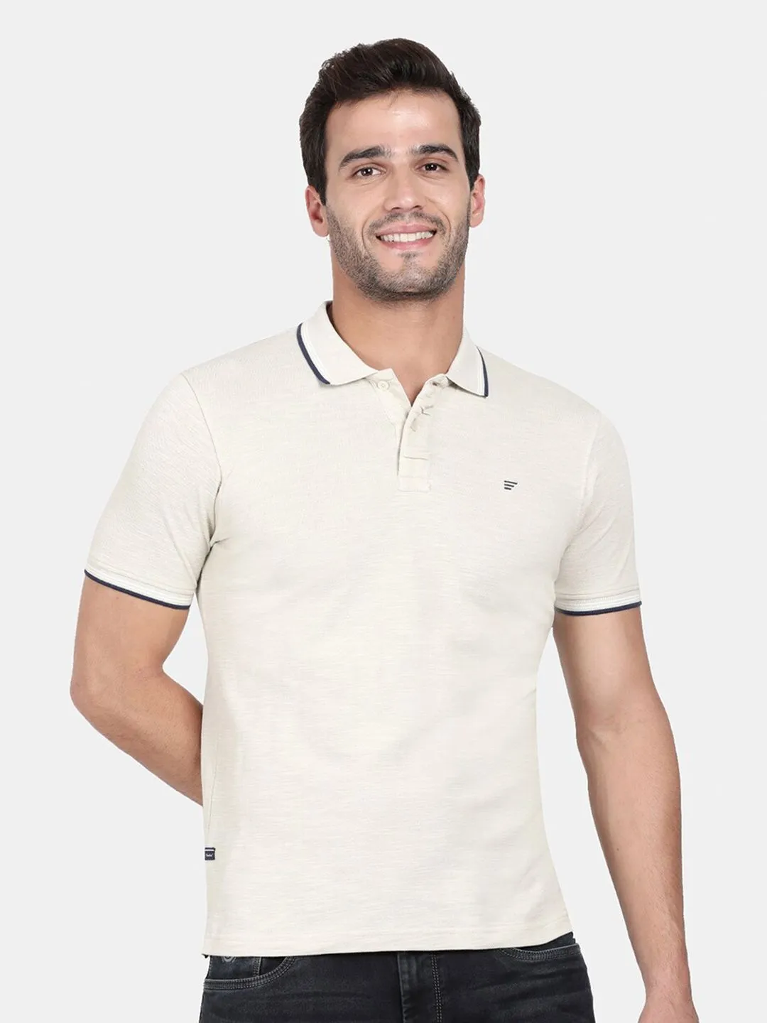 T-Base Men Cream-Coloured Polo Collar Cotton T-Shirt