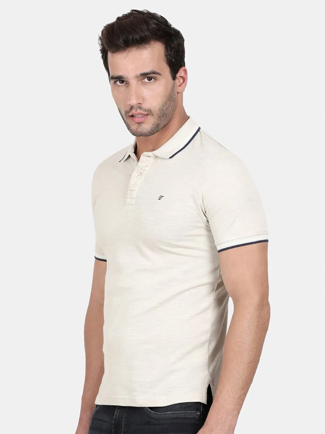 T-Base Men Cream-Coloured Polo Collar Cotton T-Shirt