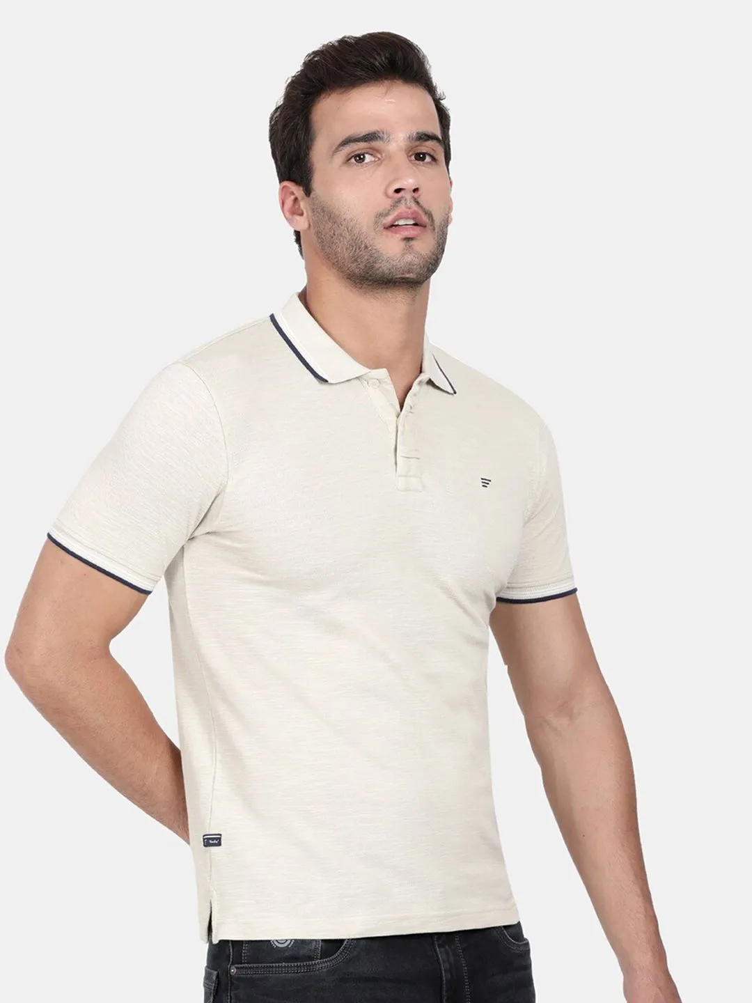 T-Base Men Cream-Coloured Polo Collar Cotton T-Shirt
