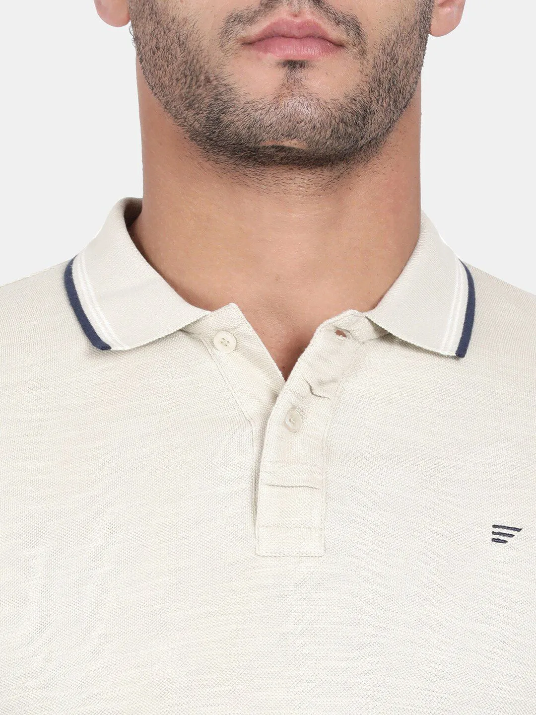 T-Base Men Cream-Coloured Polo Collar Cotton T-Shirt