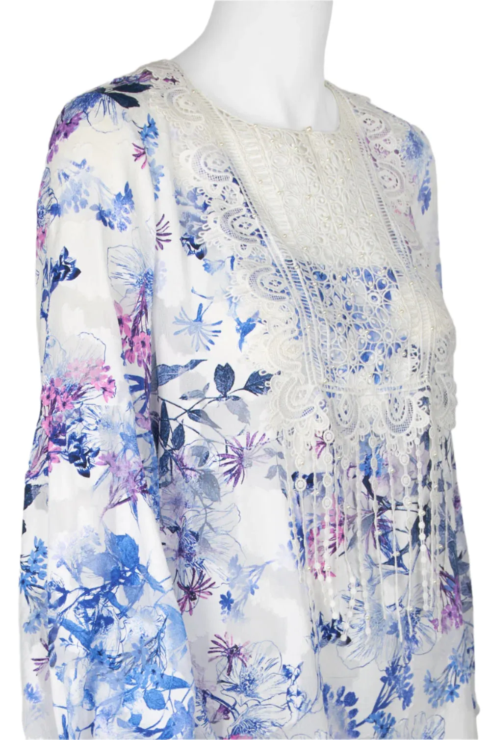 T Tahari Crew Neck Bishop Sleeve Pleated Lace Multi Print Paisley Top
