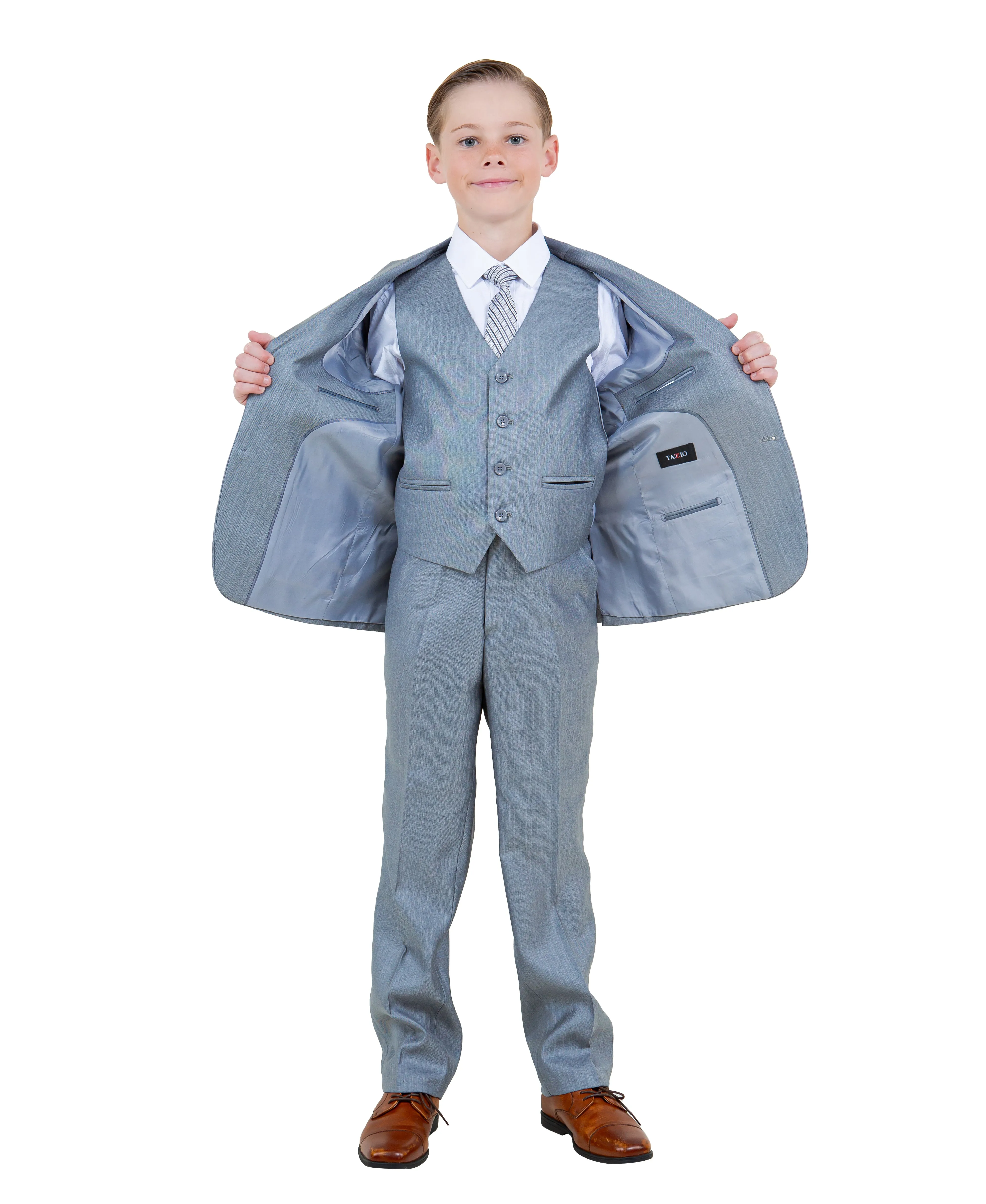Tazzio Modern Fit Boys Sharkskin Suit 5pc Set, Metallic Blue