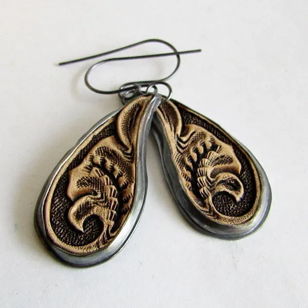 Tooled Leather and Silver Earrings