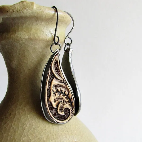 Tooled Leather and Silver Earrings