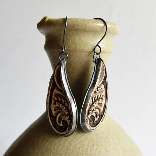 Tooled Leather and Silver Earrings